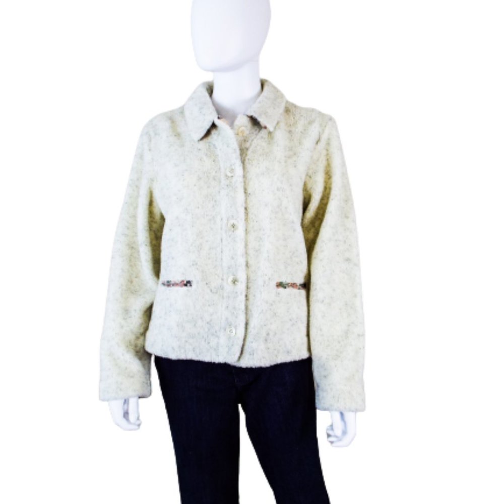 LADIES CAMBRIDGE COUNTRY TAN BERBER JACKET W/ TAPESTRY TRIM  - MEDIUM JEANS ARE